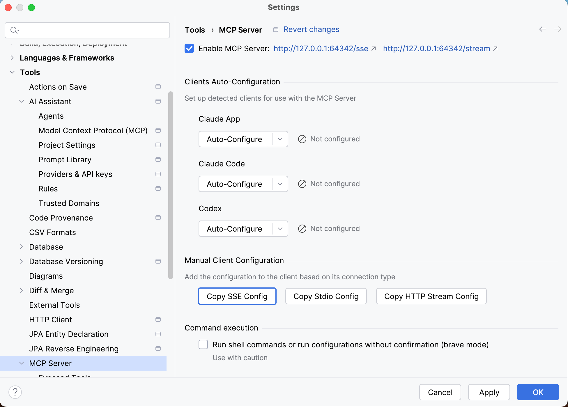 MCP Server configuration view with Copy SSE Config button